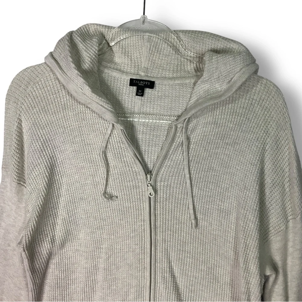 Talbots Waffle Knit Hooded Thermal Sweater 1X Full Zip Neutral Long Lightweight - Picture 2 of 11